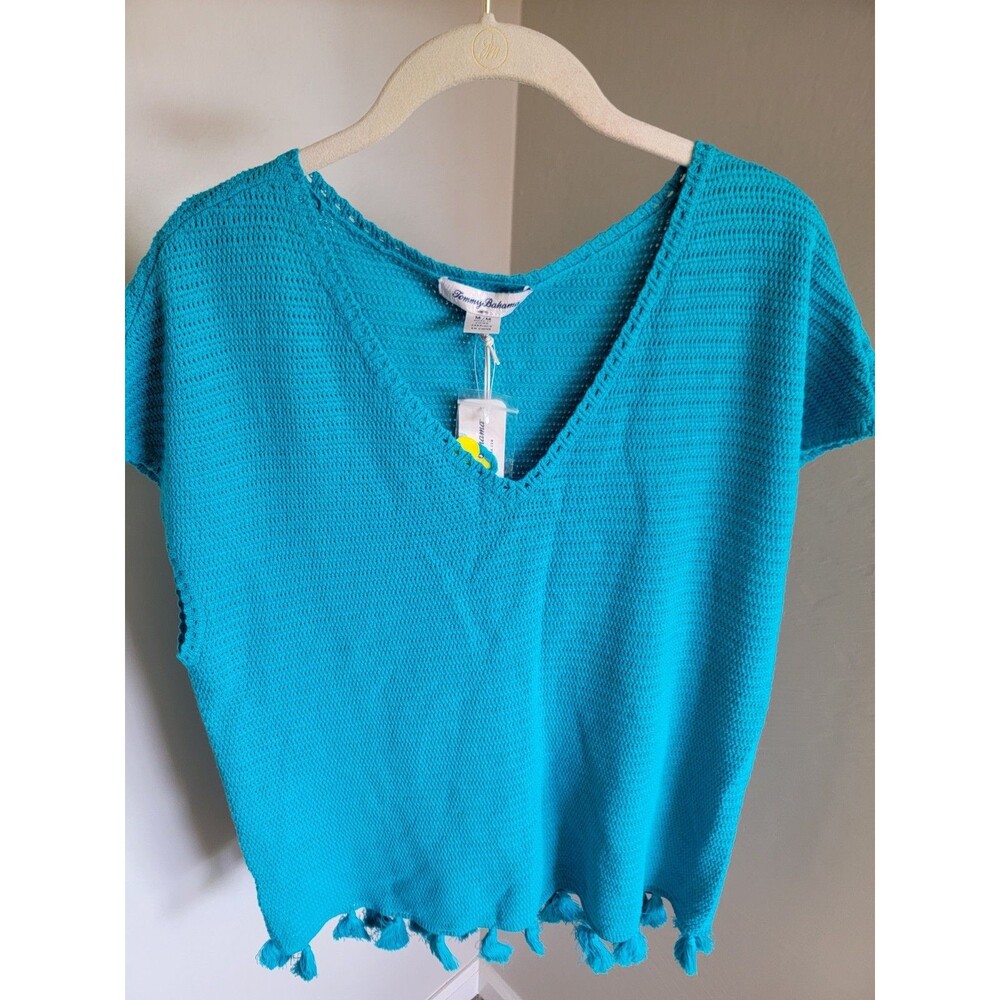 Tommy Bahama Womens M Aqua Linen Cotton Tassel Hem Tunic Swim Cover Up NWT